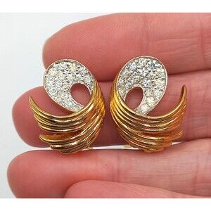 Vintage JOMAZ Gold Swirl Dazzling Pave'  Rhinestones Clip Earrings SIGNED